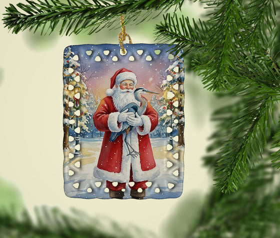Blue Heron with Santa Claus Porcelain Ornament