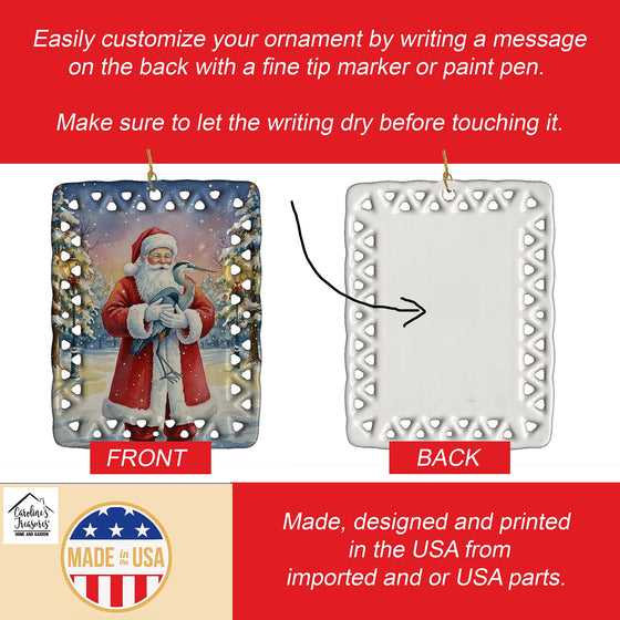 Blue Heron with Santa Claus Porcelain Ornament