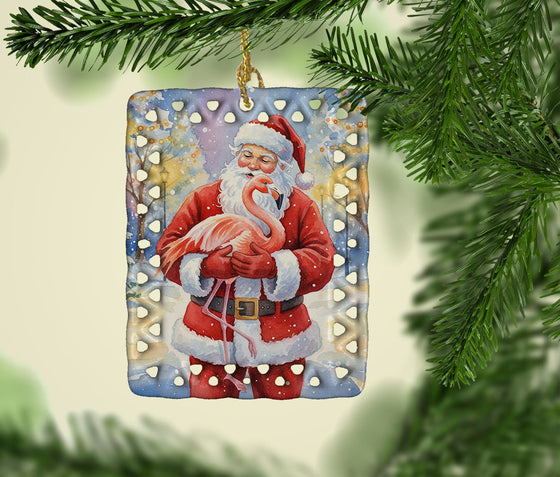 Flamingo with Santa Claus Porcelain Ornament