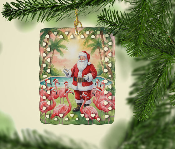 Santa Claus with Flamingos Christmas Porcelain Ornament